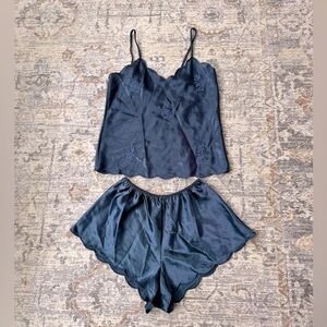 NEW Vintage Erika Taylor 2-Piece Satin Pajama Short Set Bluish/Green Size Small